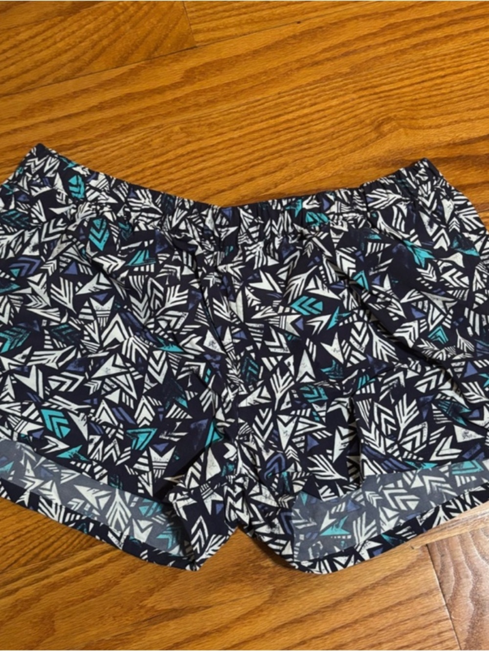 Patagonia Navy Athletic Shorts with White & Teal Geometric Print